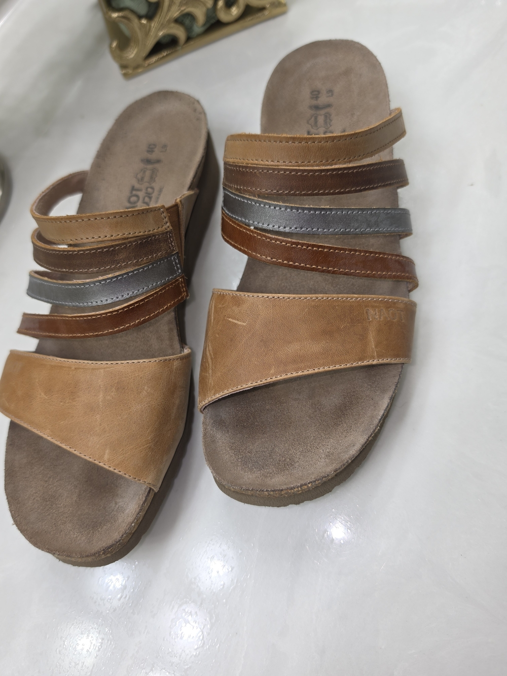 Naot Leather Multi-Strap Slide Sandals in Tan, Brown and Silver